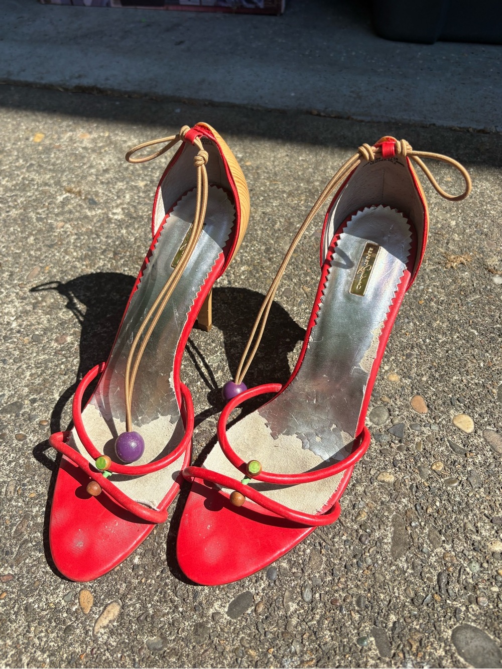 Report Red Strappy Heels with Colorful Bead Accents